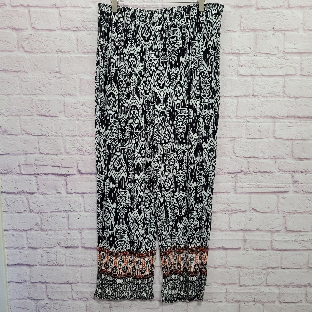 New Directions Boho Wide Leg Palazzo Pants L Black White Ikat Rayon Festival